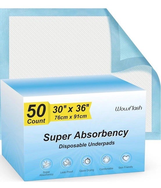 50 Count 30” X 36” Super Absorbency Disposable Underpads, Leakproof Quick Drying