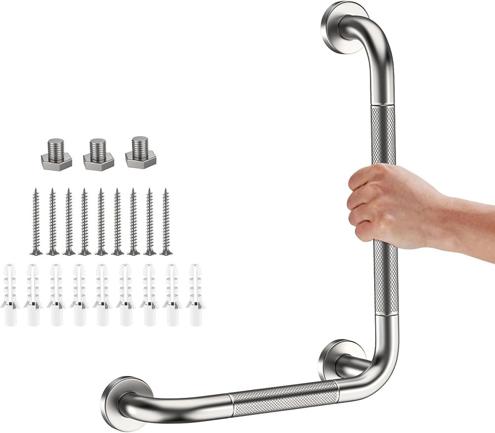 L-Shaped Angled Grab Bar 12×16 Inch Brushed Nickel Anti-slip Knurled Shower H…