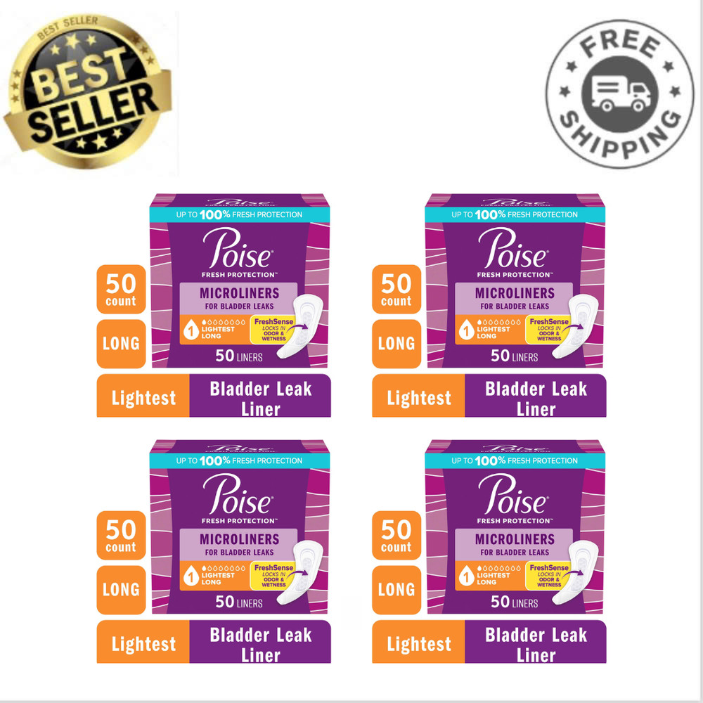 4 Pack Poise Microliners Incontinence Panty Liners, 1 Drop Lightest, Long, 50ct