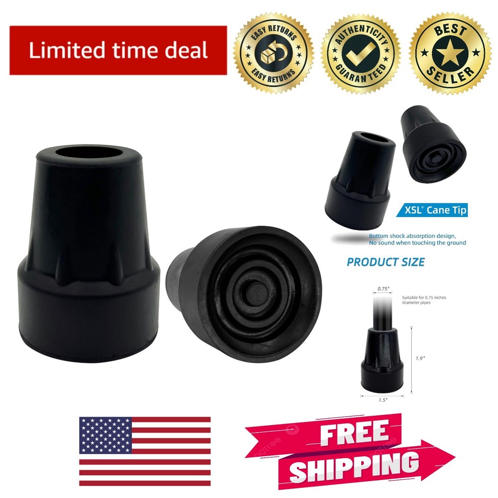 Durable 3/4 Inch Black Cane Tips – Natural Rubber, Metal Reinforced (Pack of 2)