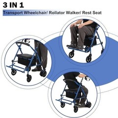 Rollator Walker for Seniors with Seat 3 in 1 Transport Wheelchair Medical Walker
