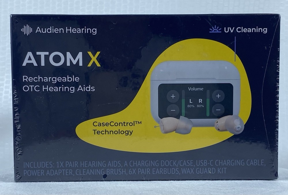 Audien Hearing ATOM X Rechargeable Hearing Aids UV Cleaning CaseControl Tech