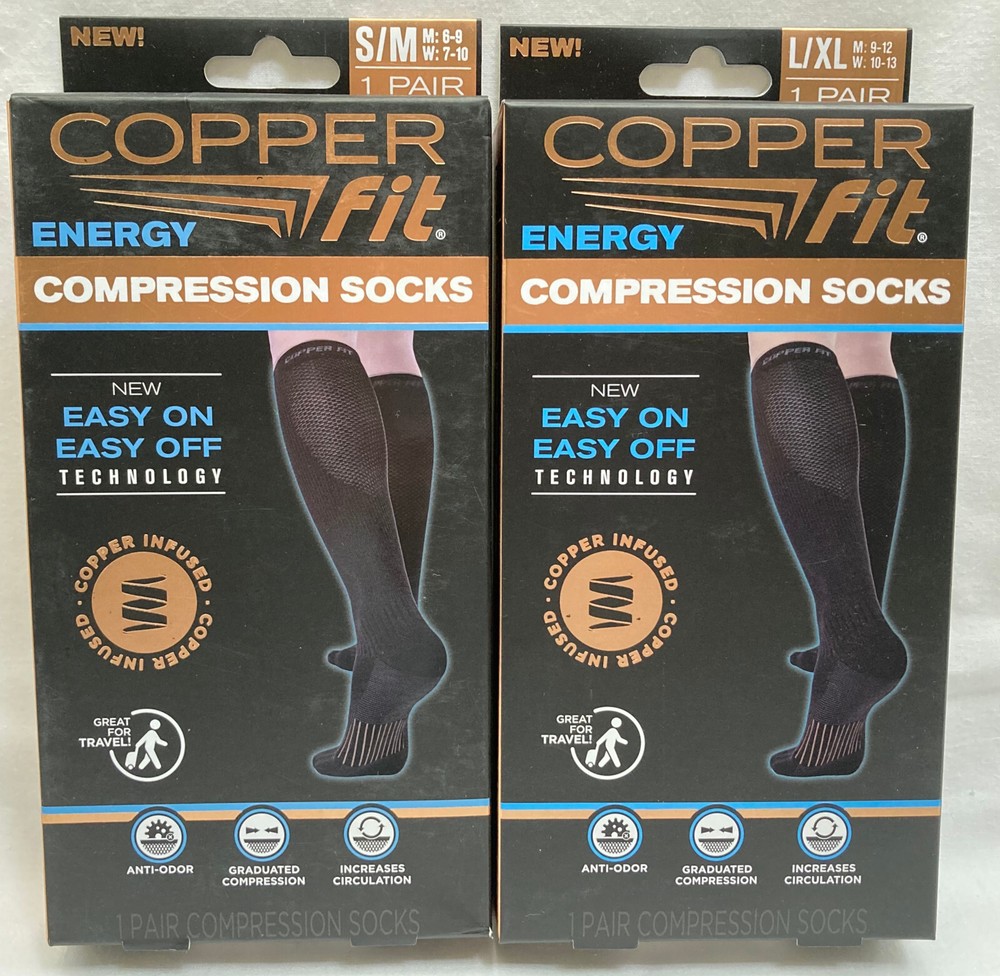 Copper Fit Energy Compression Knee High Socks 1 Pair Size S/M Or L/XL Black 🆕