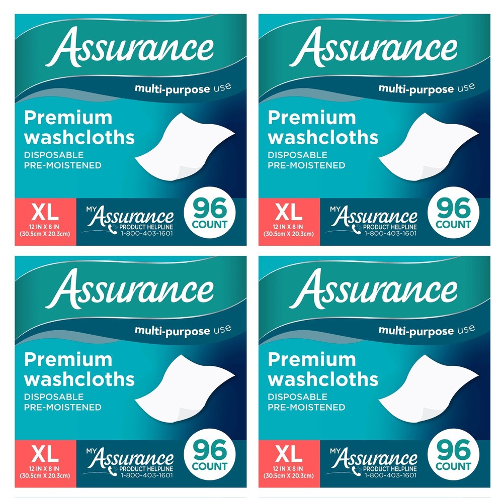 Assurance Premium Disposable Washcloths pre-moistened Size XL 384 count – 4 x 96