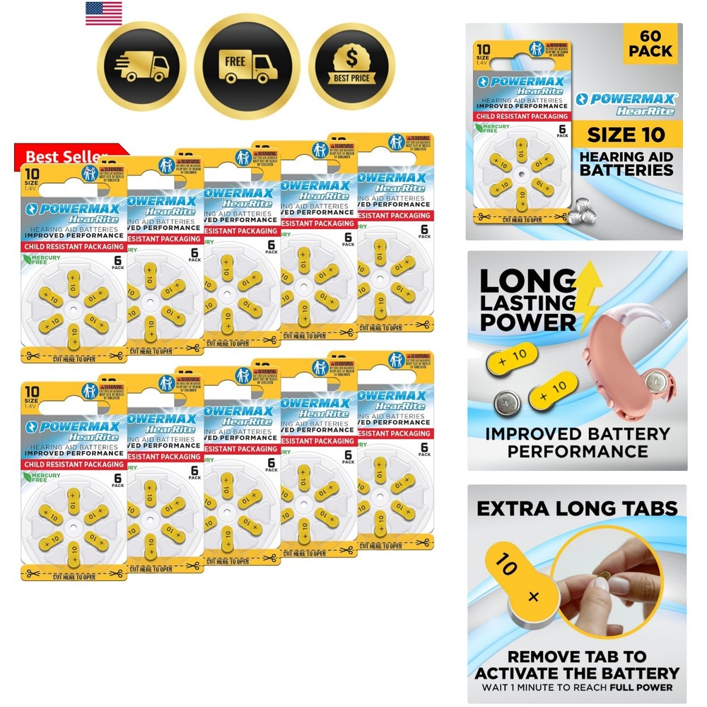 Size 10 Hearing Aid Batteries, 60 Count Long-Lasting Battery Pack, Yellow Lon…