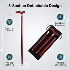 Handcrafted Solid Wood Walking Cane, 3-Section Detachable Brass Joints, Ergon…