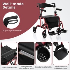 Goplus Foldable Rollator Walker w/ 8” Wheels &Seat Supports up to 300 lbs Red