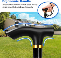 Folding Cane – Adjustable Height Walking Stick with T Handle & Wrist Strap