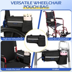 Upgraded Wheelchair Side Bag with Cup Holder, Wheelchair Armrest Pouch for Wa