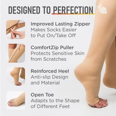 Zipper Compressions Socks Toe 20-30 mm Stockings Diabetics Use–XL, Beige 1 Pair