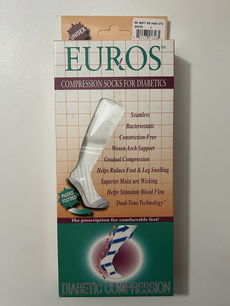 NIB Euros Diabetic Compression Socks Size L Made in Italy – White