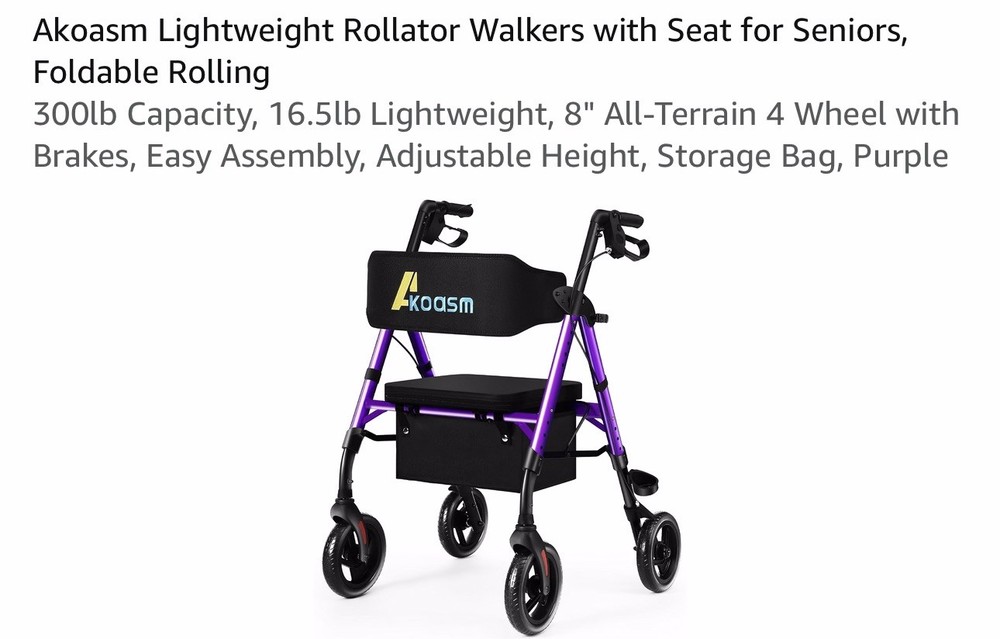 AKOASM Foldable 4-Wheel Rollator Walker Seat Backrest Handbrakes 300lb Purple