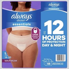Always Discreet Essentials Adult Diapers Bladder Leak Protection Size L, 56 Ct