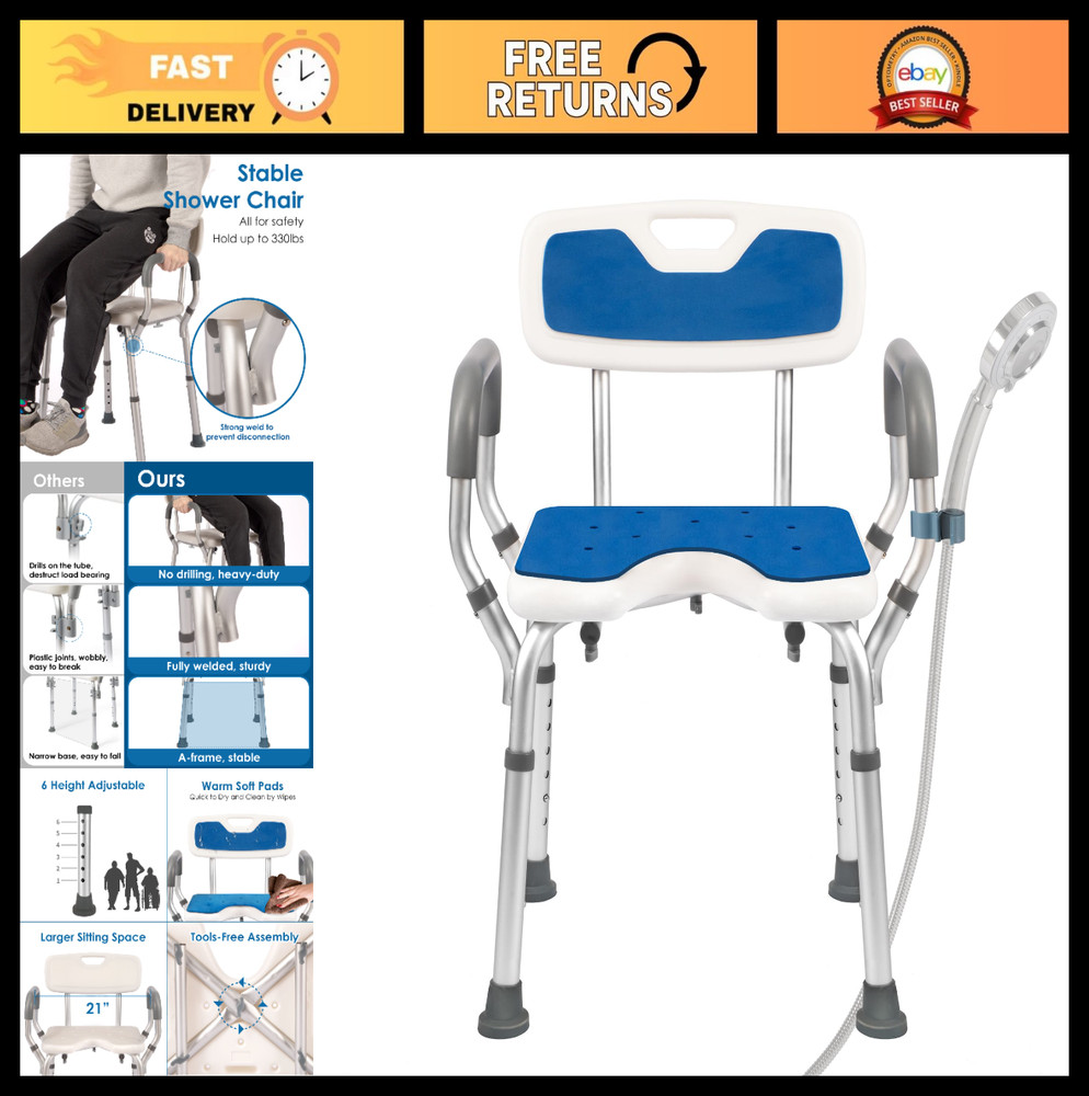 Heavy Duty Shower Chair with Arms & Back, 330lbs Capacity, Tool-Free Assembly, C