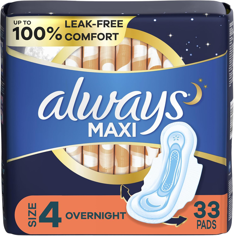 Always Maxi Pads Size 4 Overnight Absorbency Unscented with Wings, 33 Count