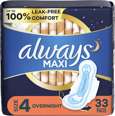 Always Maxi Pads Size 4 Overnight Absorbency Unscented with Wings, 33 Count