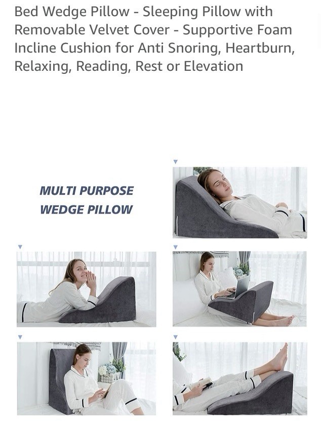 Gray Bed Wedge Pillow 24.8in Foam Incline Cushion w/ Removable Velvet Cover