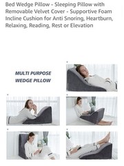 Gray Bed Wedge Pillow 24.8in Foam Incline Cushion w/ Removable Velvet Cover