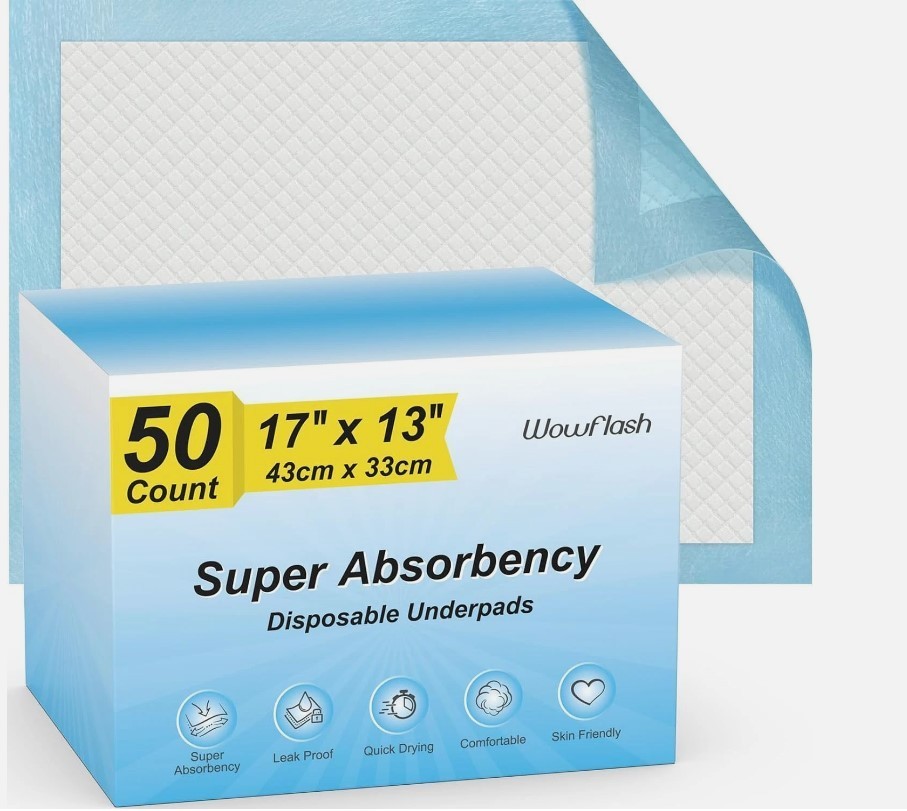 50 Count Super Absorbent Disposable Underpads – Leakproof Quick Drying, 17″ x 13