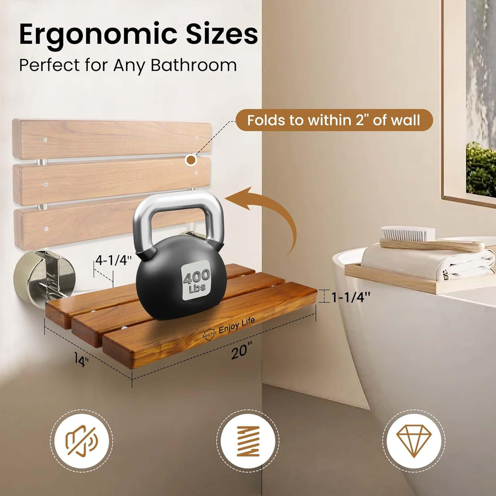 20″ TEAK FOLDING SHOWER SEAT – WALL MOUNTED, 400 LB CAPACITY, BRUSHED NICKEL US