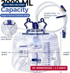5 Pack Urinary Drainage Bag, 2000mL Anti-Reflux Catheter Bag with Drainage Tube,