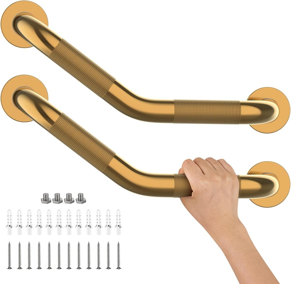 2 Pack 16 Inch Shower Grab Bars for Seniors, Gold Angled Anti Slip Grab Bars