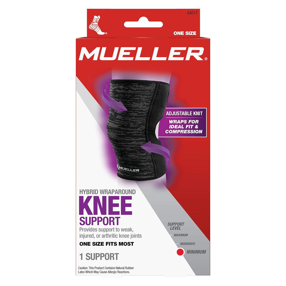 Mueller Hybrid Wraparound Knee Support: One Size Fits Most (Black, Grey & White)
