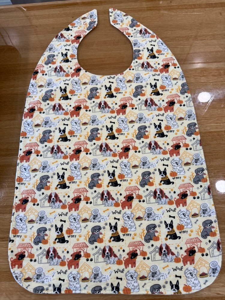 HANDMADE XXL ADULT BIB SPECIAL NEEDS ASSISTED LIVING WOOF WOOF ADJUSTABLE SNAPS