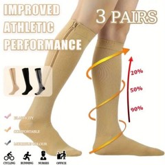 3 Pair Zippered Compression Socks 20-30mmHg Men Women Graduated Support Stocking