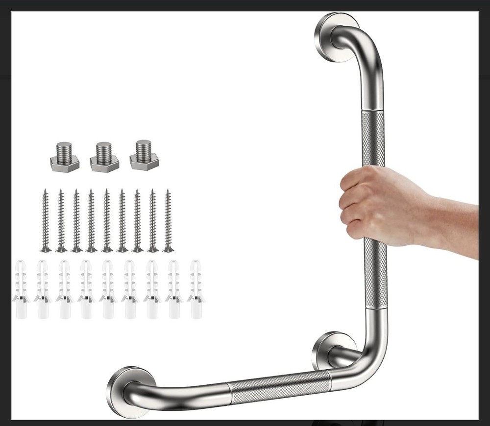 New L-Shaped Angled Grab Bar 12×16″ Anti-Slip Knurled Handle Brushed Nickel