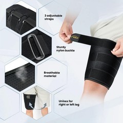 Hamstring Compression Sleeve with 3 Adjustable Straps,Thigh Small, Black