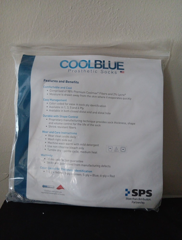 CoolBlue Prosthetic Sock 5 Ply CB5HXRG2 With Sewn Hole Size 5, 6 Length 16-20