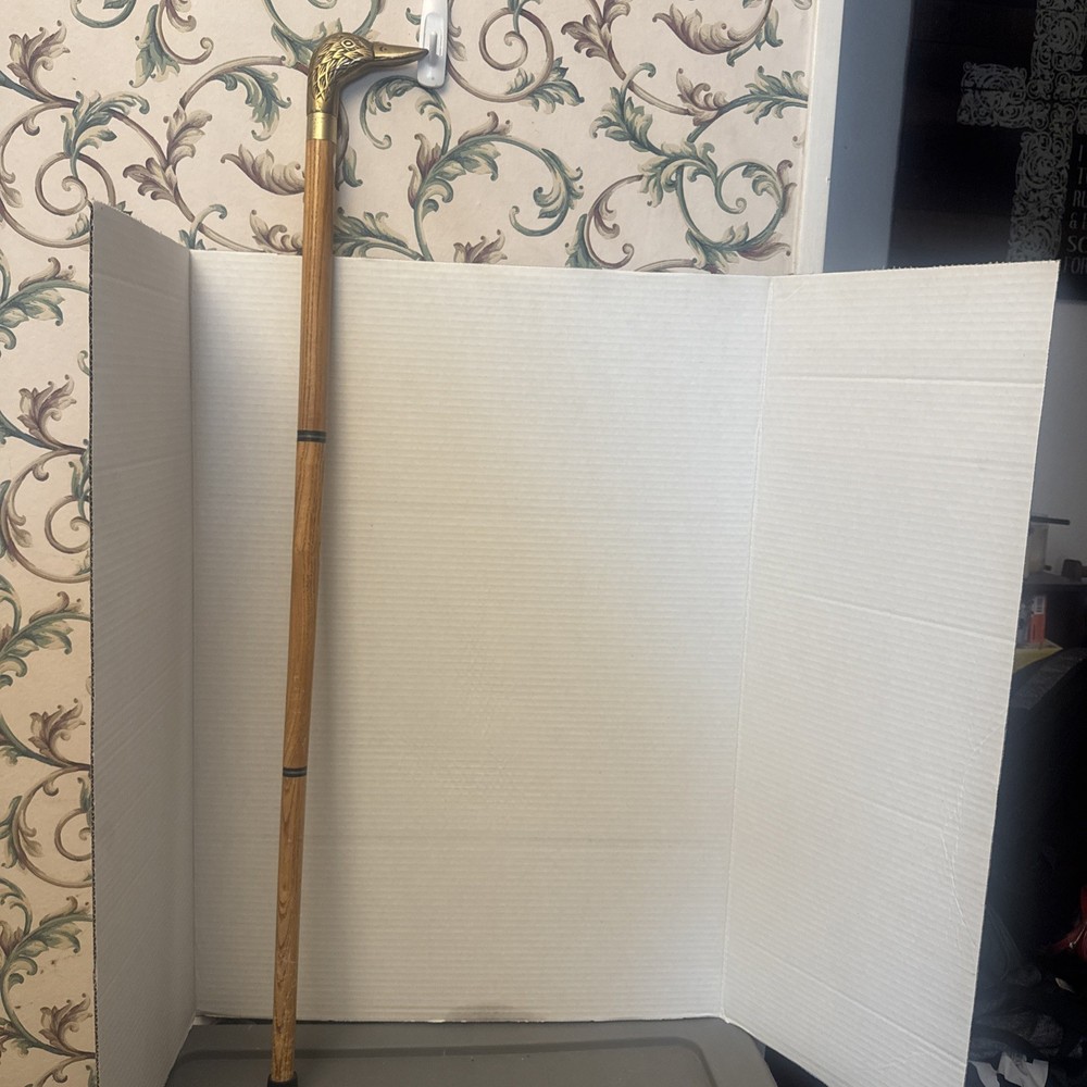 Vintage Brass Duck Mallard Head Wood Cane Walking Stick 34.5” pre owned