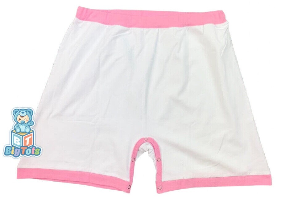 Adult snap crotch shorts white with baby pink trim
