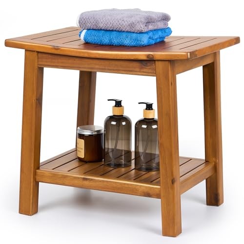 Teak Shower Bench, 20″ Solid Wood Shower Stool Waterproof Shower Rectangular