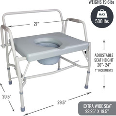 Drop Arm Portable Toilet Commode, Extra-Wide Seat, 500 Pound Weight Capacity, Bu