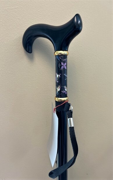 Ladies Derby Handle Black Hummingbird Floral Print Adjustable Walking Cane
