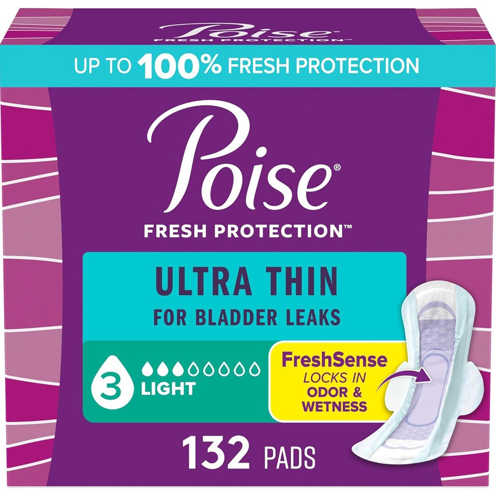 Poise Ultra Thin Incontinence Pads for Women, 3 Drop Absorbency, Regular, 132 Ct