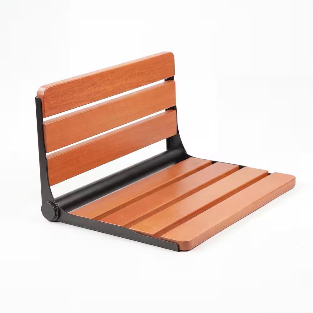 18 In. Wall Mounted Folding Teak Shower Seat in Black and Brown, Fold down Showe