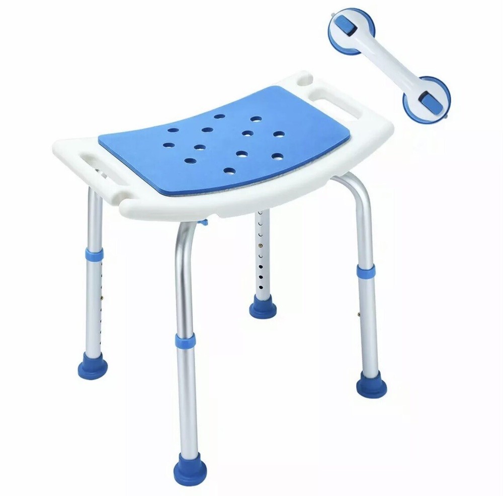 Heavy Duty Padded Shower Stool w/Suction Grab Bar White/Blue by Health Line New