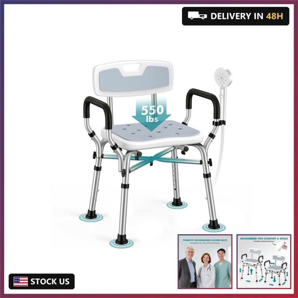 Shower Chair with Removable Arms and Back for Elderly & Disabled, 550 lbs Shower