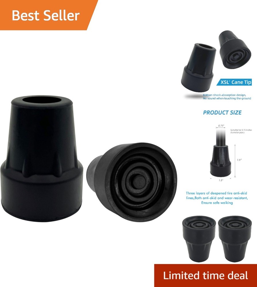 Natural Rubber Cane Tips, 3/4 Inch, Metal Reinforced for Enhanced Grip – Black