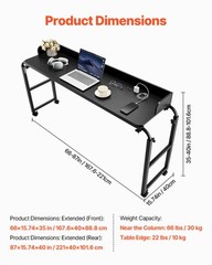 Overbed Table Mobile Bed Side Desk 4 Wheels (2 with Brakes) & Power Socket