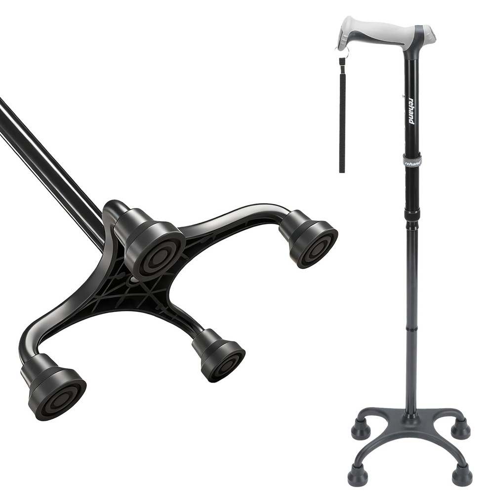 Rehand Quad Canes, Walking Cane for Men & Women with Ergonomic Natural Black