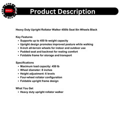 Heavy Duty Upright Rollator Walker 450lb Seat 8in Wheels Black