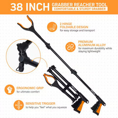 38 In. Extra Long Foldable Grabber Reacher Tool 2 Pack Heavy Duty Pickup Tool wi