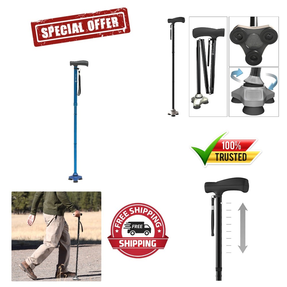 Enhanced Stability Foldable Walking Cane – Blue Aluminum, 37.5in Max Height
