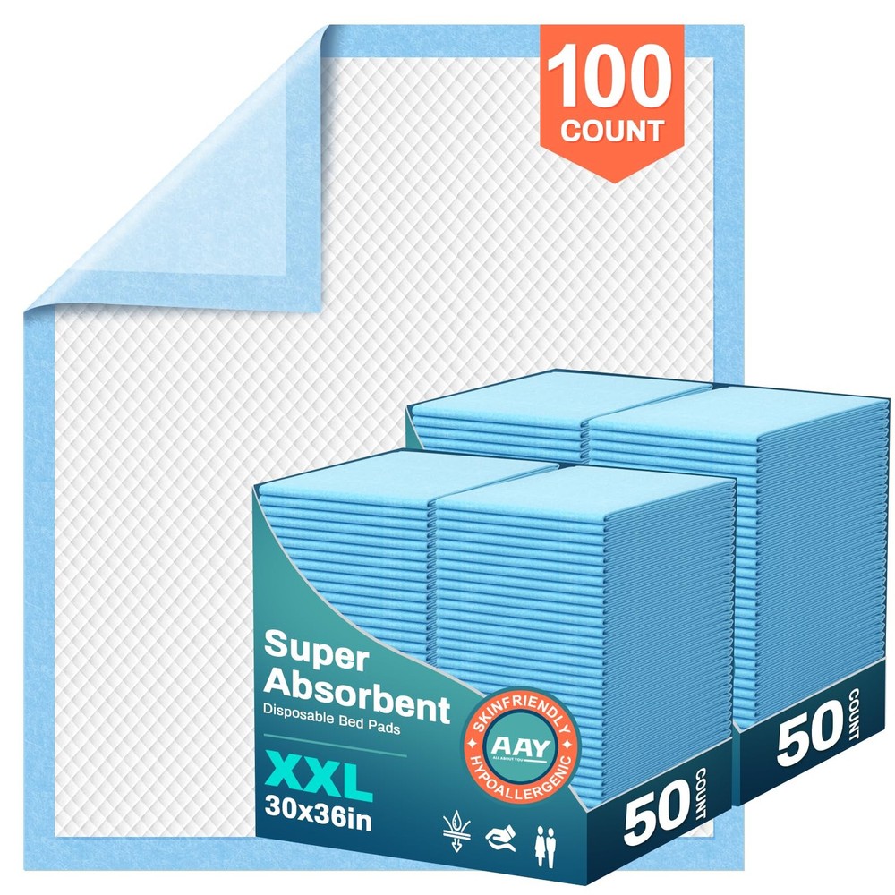 AAY Bed Pads Disposable 30″ x 36″ (100 Count), Extra Large 30″X36″-100, Blue
