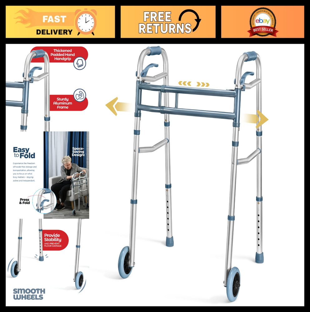Lightweight Aluminum Walker for Seniors, Adjustable Folding Walker with 2 Wheels