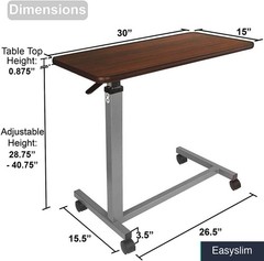 Overbed Table Adjustable Pneumatic – Walnut, Wheels, 30×15 inches